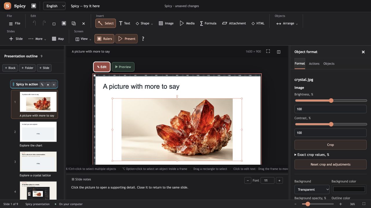 The real Spicy editor: slide list on the left, a crystal image on the canvas, and its settings on the right.